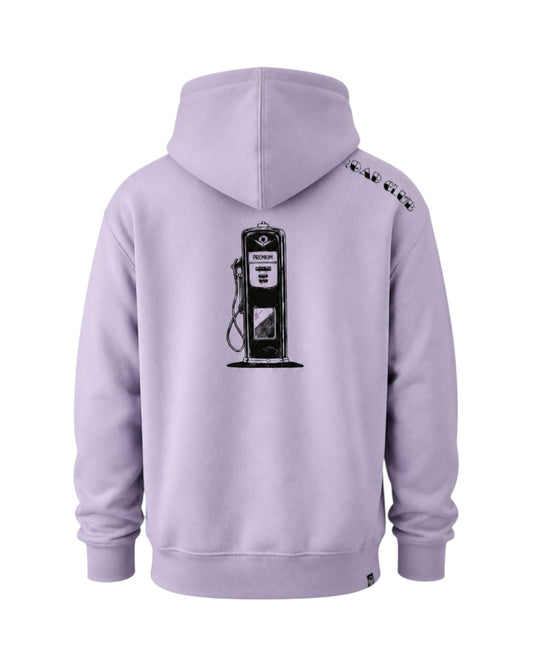 Dusk Ride Heavy Premium Hoodie in Flieder mit schwarzem Tankstellen-Backprint aus Baumwollmischgewebe