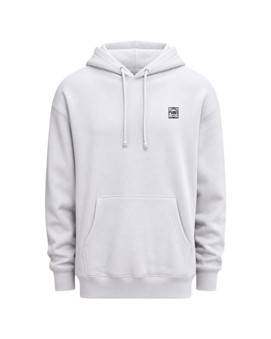 Dusk Ride Heavy Premium Hoodie in Weiß mit kleinem Brustlogo und Kängurutasche aus Baumwollmix