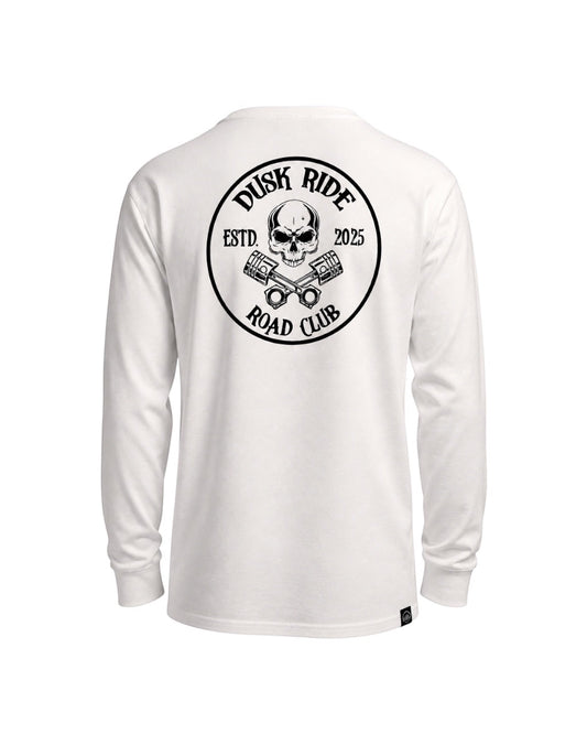 Weißes Dusk Ride Langarmshirt aus schwerer Baumwolle mit Skull Spark Plug Rückenprint im Biker-Stil