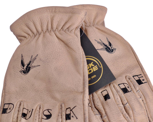 Dusk Ride Motorradhandschuhe aus beigem Premium-Leder mit Vogel-Motiv und schwarzem Fingerprint-Design