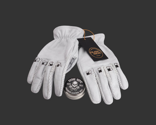 Dusk Ride Premium Custom Motorcycle Gloves white incl. Wax!!