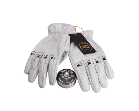 Dusk Ride Premium Custom Motorcycle Gloves white incl. Wax!!