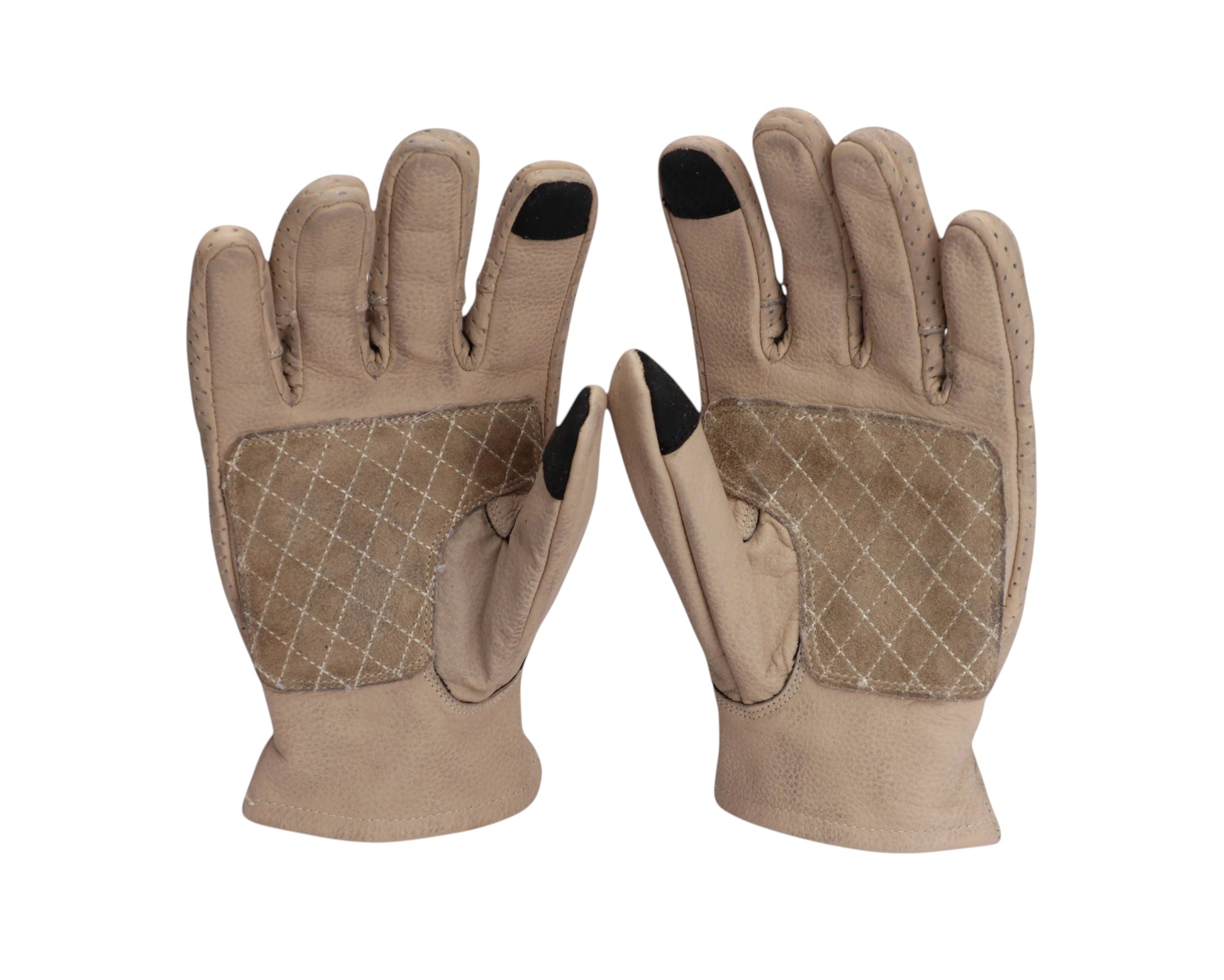Dusk Ride Motorradhandschuhe aus beigem Rindsleder mit perforierten Details und gesteppter Handfläche