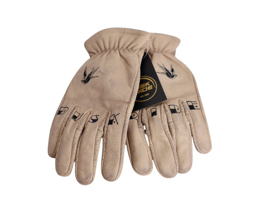Dusk Ride Motorradhandschuhe aus beigem Rindsleder mit Bird-Motiv und Smartphone-kompatiblen Fingerspitzen
