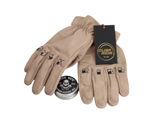 Dusk Ride beige Motorradhandschuhe aus Premium-Rindsleder mit Perforation, Fingerprint-Design und Lederwachs-Dose