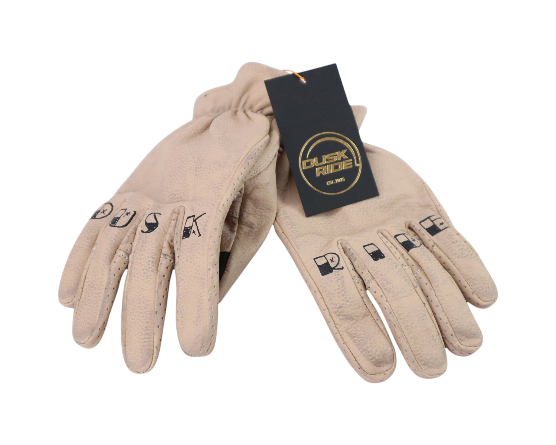 Dusk Ride Premium Motorradhandschuhe aus beigem Rindsleder mit schwarzem Fingerprint-Design und Markenanhänger