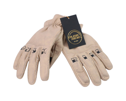 Dusk Ride Premium Motorradhandschuhe aus beigem Rindsleder mit schwarzem Fingerprint-Design und Markenanhänger