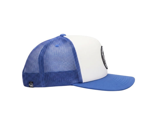 Dusk Ride Trucker Cap in Blau und Weiß mit Pistons Patch und Netzrückseite in Seitenansicht