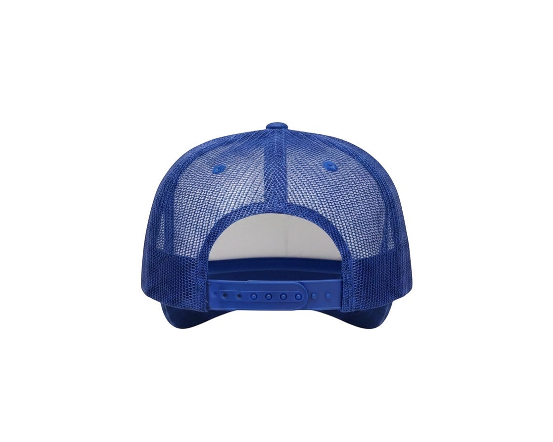 Dusk Ride Trucker Cap in Blau mit verstellbarem Snapback-Verschluss und Netzrückseite, Rückansicht