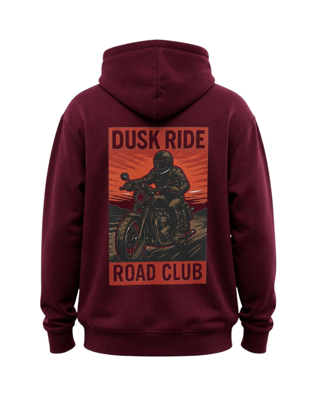 Dusk Ride schwerer Premium Hoodie in Dunkelrot mit Sundown Rider Motorrad-Grafikdruck auf dem Rücken