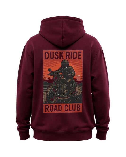 Dusk Ride schwerer Premium Hoodie in Dunkelrot mit Sundown Rider Motorrad-Grafikdruck auf dem Rücken