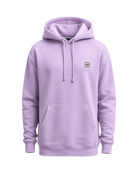 Dusk Ride Premium Heavy Hoodie in Flieder mit kleinem Logo-Patch auf der Brust und Kapuze mit Kordelzug