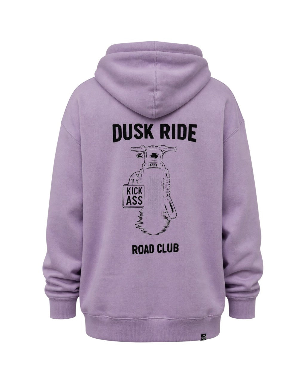 Dusk Ride Premium Hoodie in Flieder mit schwarzem Motorrad-Backprint und Kapuze