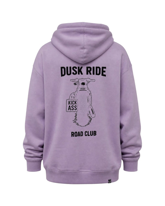 Dusk Ride Premium Hoodie in Flieder mit schwarzem Motorrad-Backprint und Kapuze