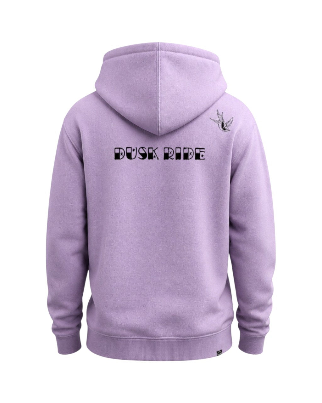 Dusk Ride Premium Heavy Hoodie in Flieder mit Vogel-Backprint und schwarzem Schriftzug auf der Rückseite
