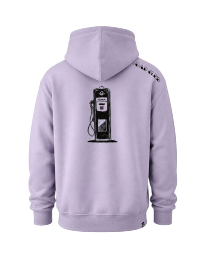 Dusk Ride Heavy Premium Hoodie in Flieder mit schwarzem Tankstellen-Backprint aus Baumwollmischgewebe