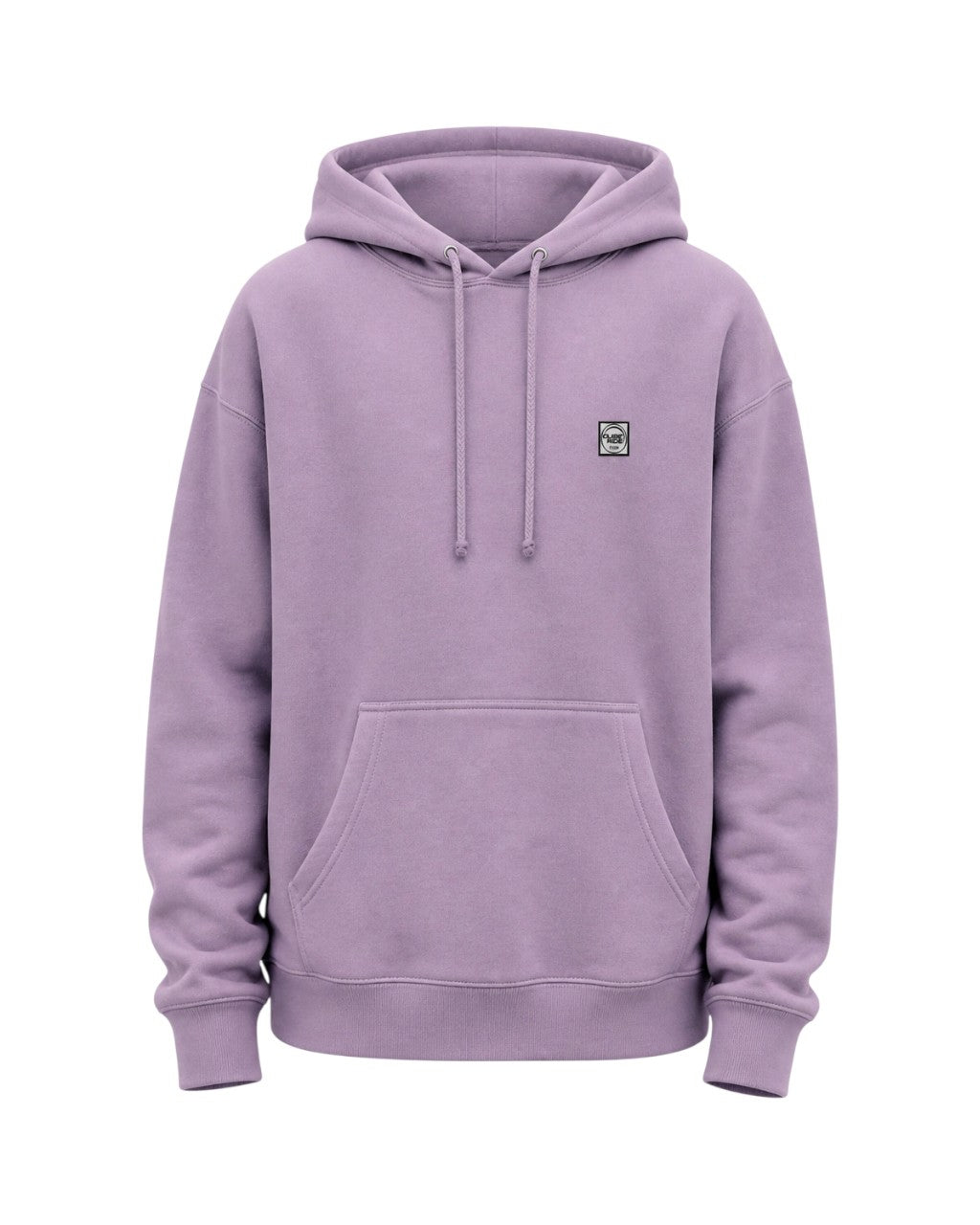 Dusk Ride Heavy Premium Hoodie in Flieder mit Kapuze, Kängurutasche und kleinem Logo-Patch auf der Brust