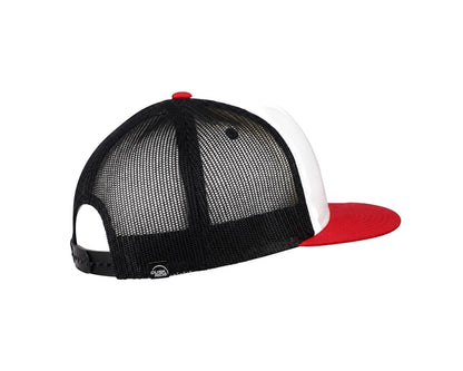 Dusk Ride Pistons Trucker Cap in Schwarz, Weiß und Rot mit Snapback-Verschluss und gewebtem Patch