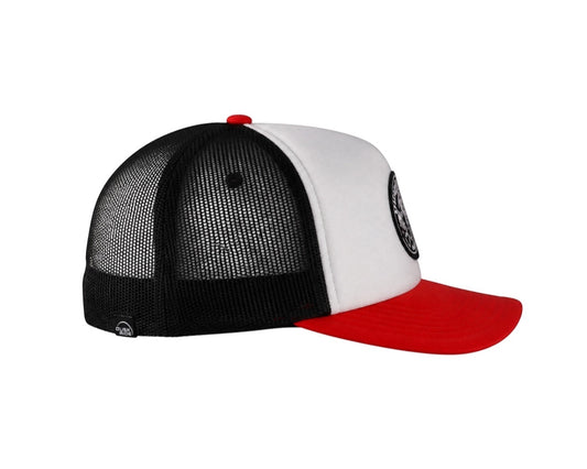 Dusk Ride Pistons Trucker Cap in Weiß, Schwarz und Rot mit gewebtem Patch und Snapback-Verschluss