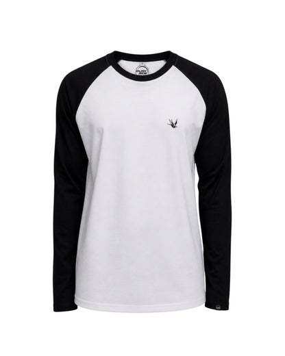 Dusk Ride Raglan Langarmshirt in Weiß und Schwarz aus 100% Baumwolle mit kleinem Logo-Stick auf der Brust