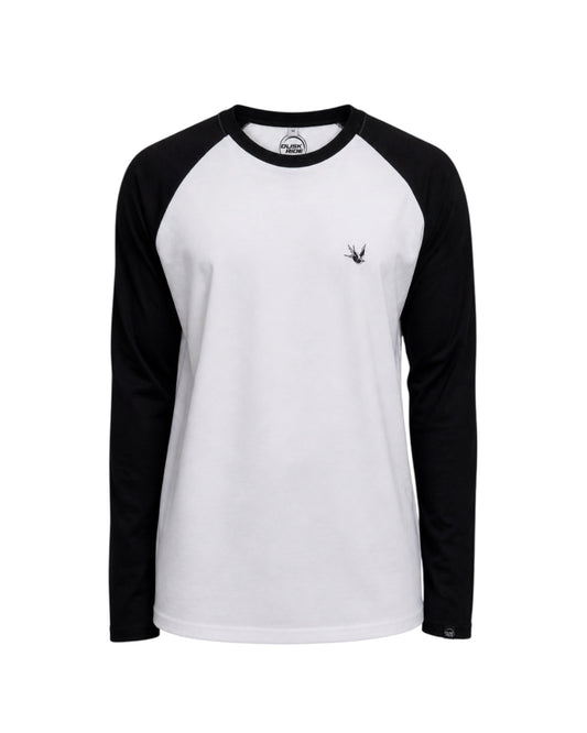 Dusk Ride Raglan Langarmshirt in Weiß und Schwarz aus 100% Baumwolle mit kleinem Logo-Stick auf der Brust