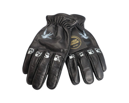 Dusk Ride schwarze Premium Leder Motorradhandschuhe mit Bird-Motiv und Fingerprint-Design auf den Fingern