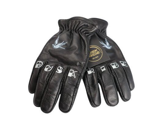 Dusk Ride schwarze Premium Leder Motorradhandschuhe mit Bird-Motiv und Fingerprint-Design auf den Fingern