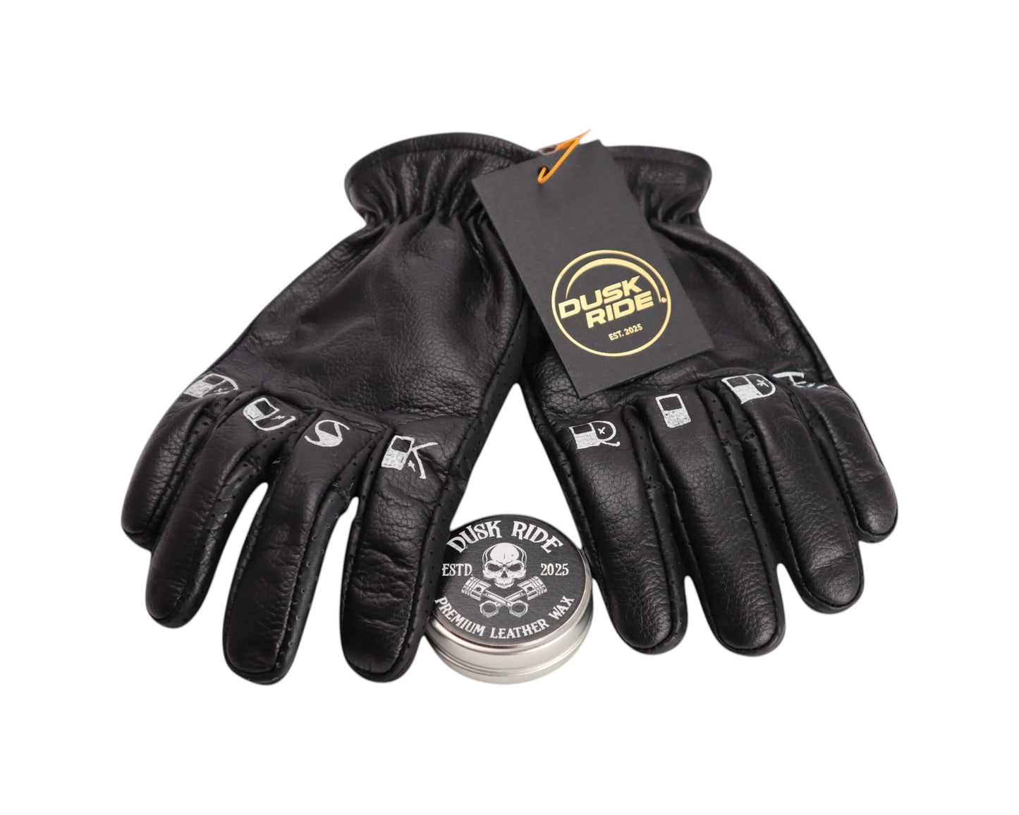 Dusk Ride schwarze Premium Rindsleder Motorradhandschuhe mit Fingerprint Design und beiliegendem Lederwachs