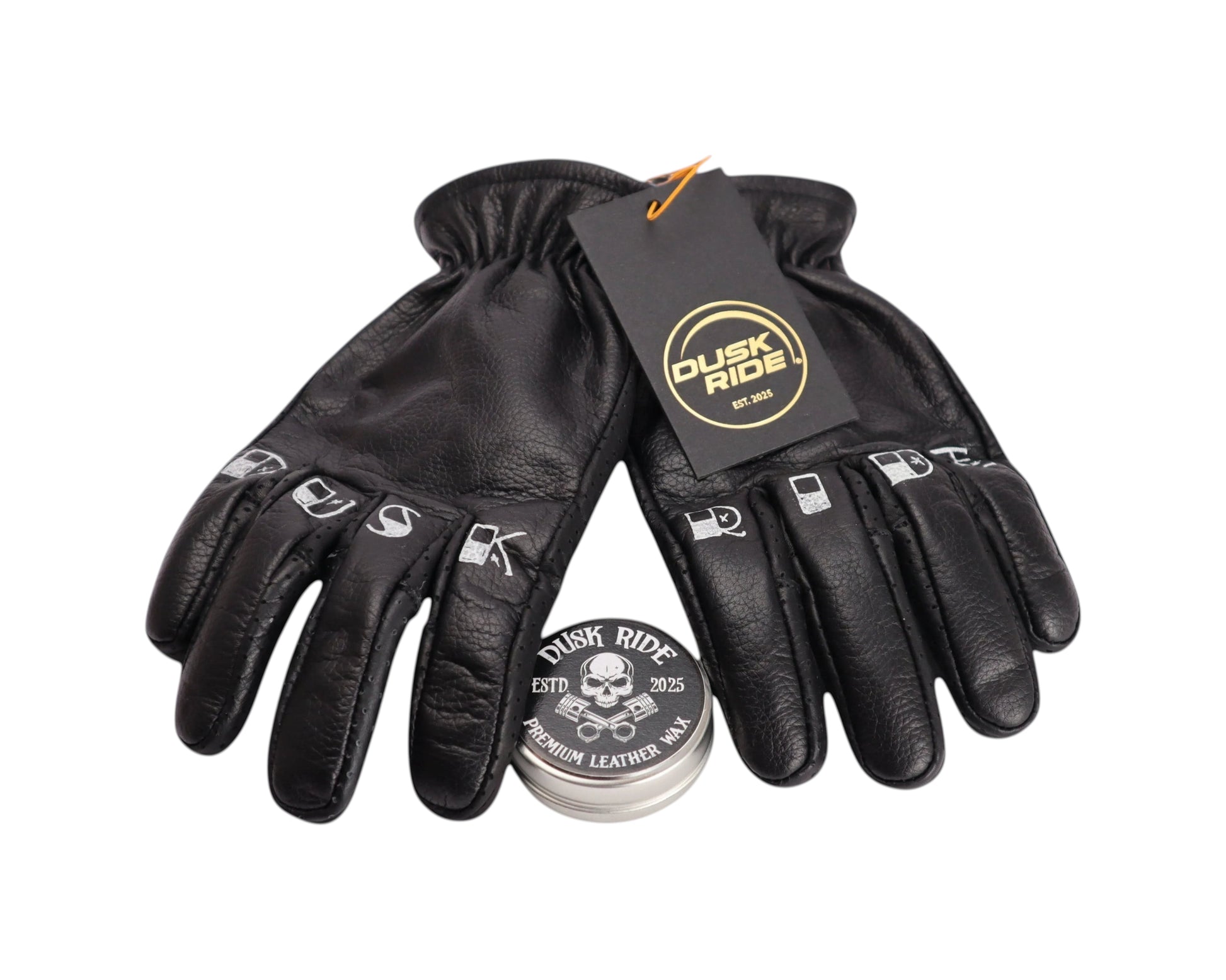 Dusk Ride schwarze Premium Rindsleder Motorradhandschuhe mit Fingerprint Design und beiliegendem Lederwachs