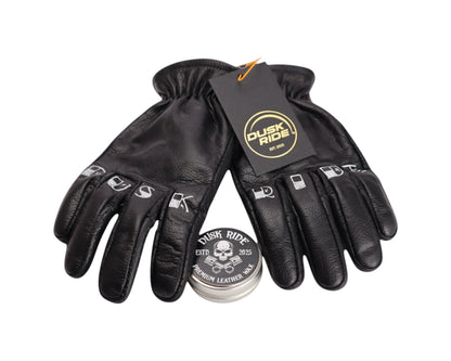 Dusk Ride schwarze Premium Rindsleder Motorradhandschuhe mit Fingerprint Design und beiliegendem Lederwachs