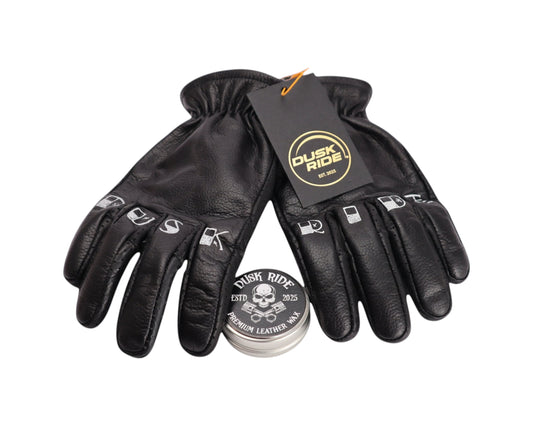 Dusk Ride schwarze Premium Rindsleder Motorradhandschuhe mit Fingerprint Design und beiliegendem Lederwachs