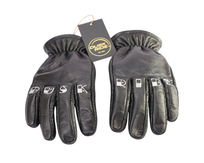 Dusk Ride schwarze Premium Leder Motorradhandschuhe mit Fingerprint Design und Markenanhänger