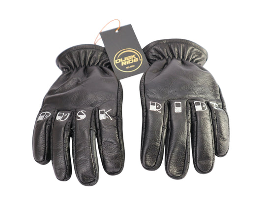 Dusk Ride schwarze Premium Leder Motorradhandschuhe mit Fingerprint Design und Markenanhänger