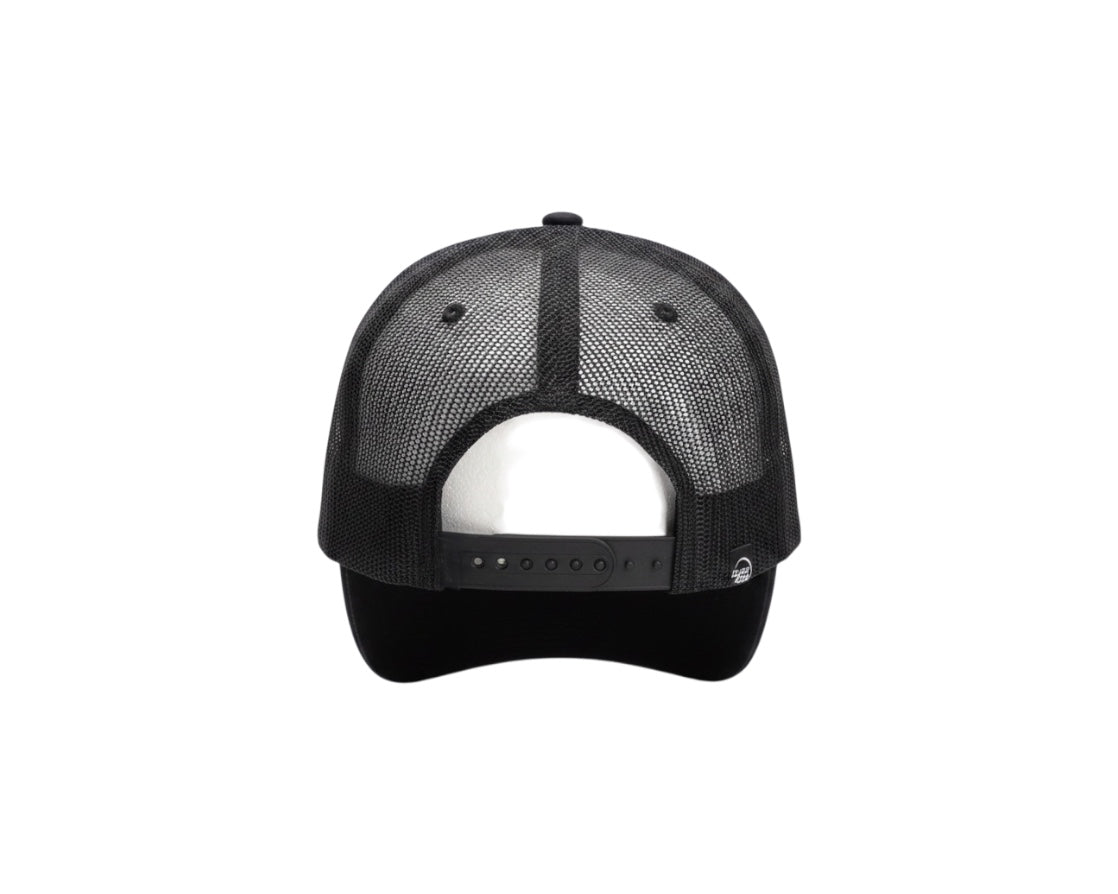 Dusk Ride Trucker Cap in Schwarz mit verstellbarem Snapback-Verschluss und atmungsaktivem Mesh-Rückenteil