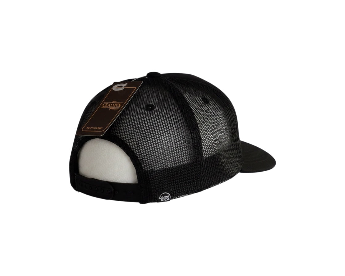 Dusk Ride Trucker Cap in Schwarz mit verstellbarem Snapback-Verschluss und atmungsaktivem Mesh-Rückenteil
