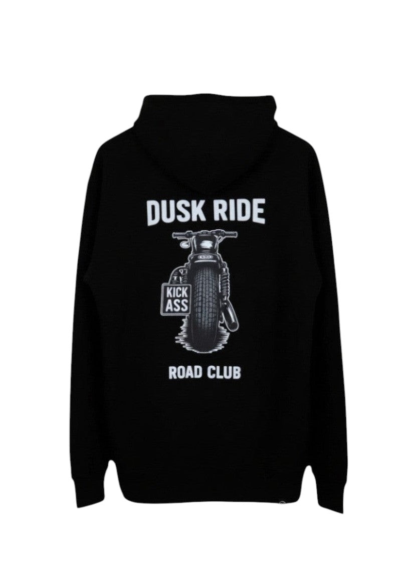 Schwarzer Dusk Ride Heavy Premium Hoodie mit weißem Motorrad-Backprint und Kick Ass Schriftzug auf der Rückseite