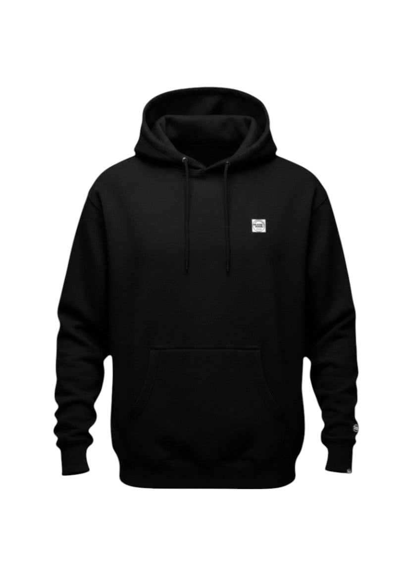 Schwarzer Dusk Ride Premium Hoodie aus schwerem Baumwoll-Mix mit kleinem Logo-Patch auf der Brust
