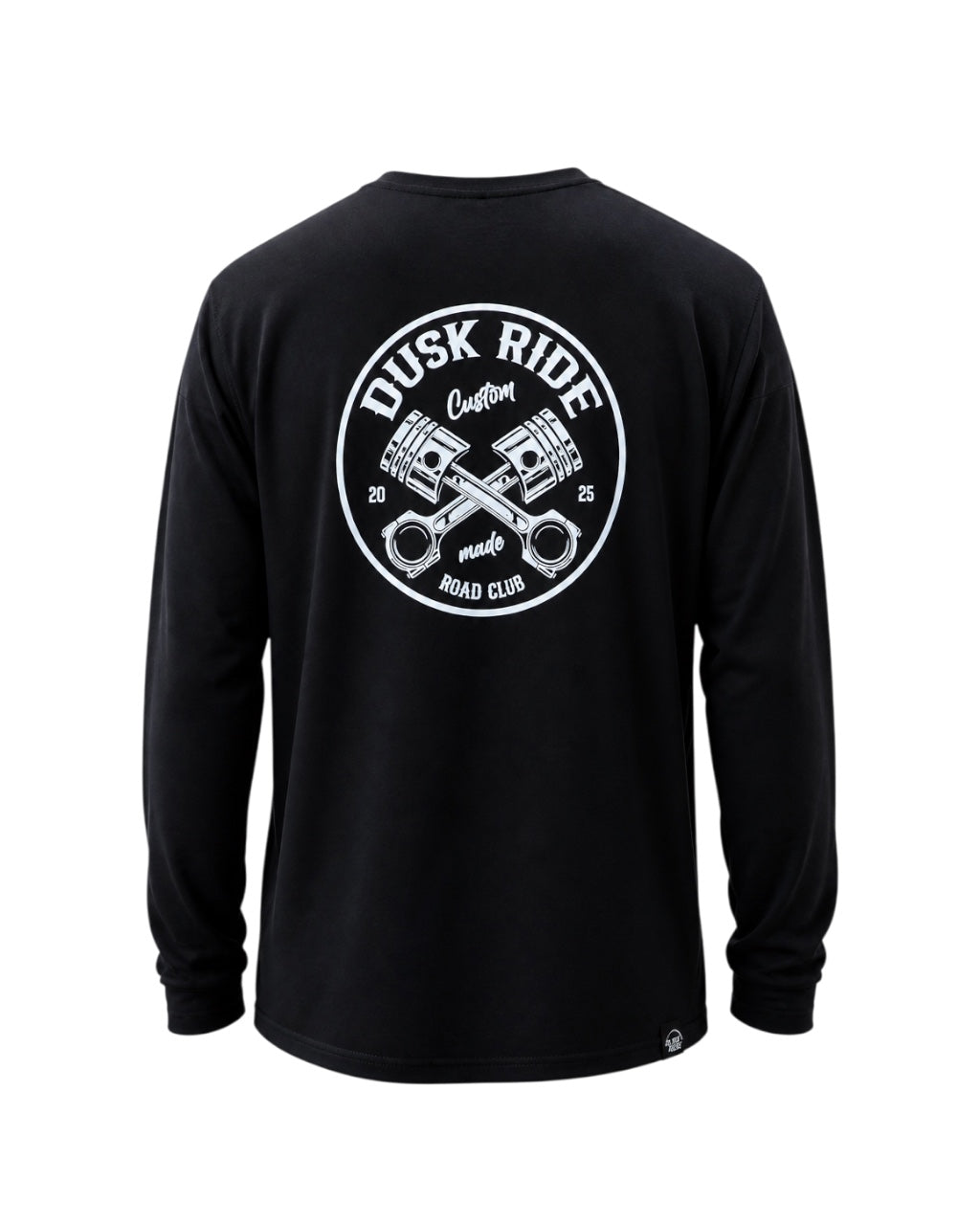 Schwarzes Dusk Ride Langarmshirt aus schwerer Baumwolle mit weißem Motorrad-Kolben-Rückenaufdruck