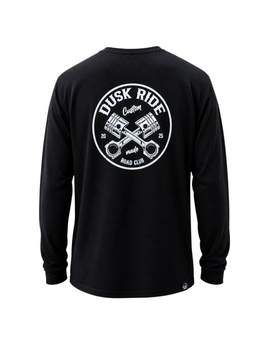 Schwarzes Dusk Ride Langarmshirt aus schwerer Baumwolle mit weißem Motorrad-Kolben-Rückenaufdruck