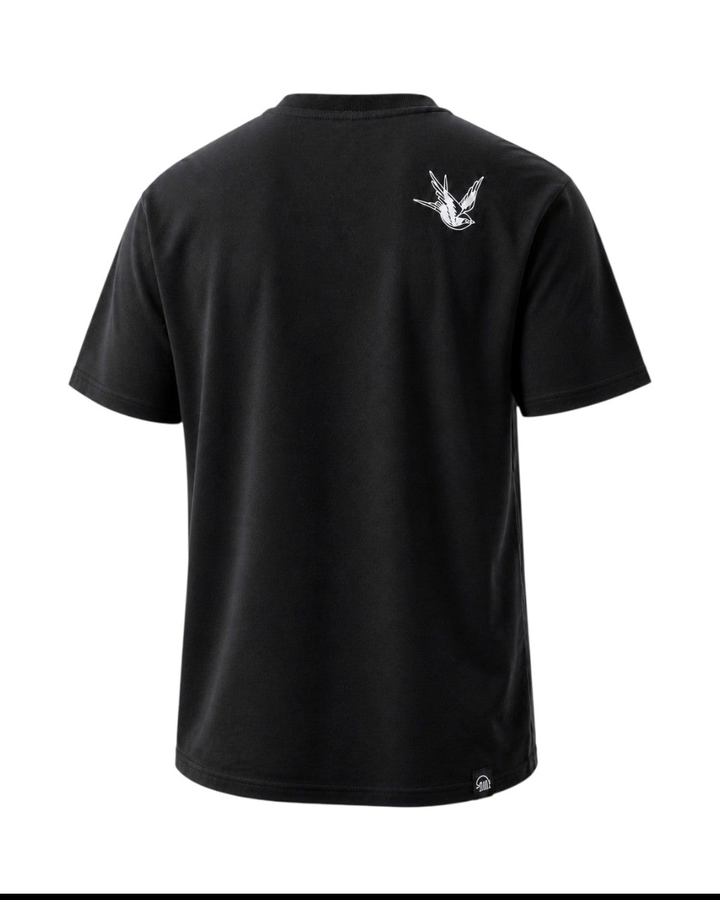 Schwarzes Dusk Ride Premium T-Shirt aus Baumwolle mit weißem Vogel-Motiv als Backprint