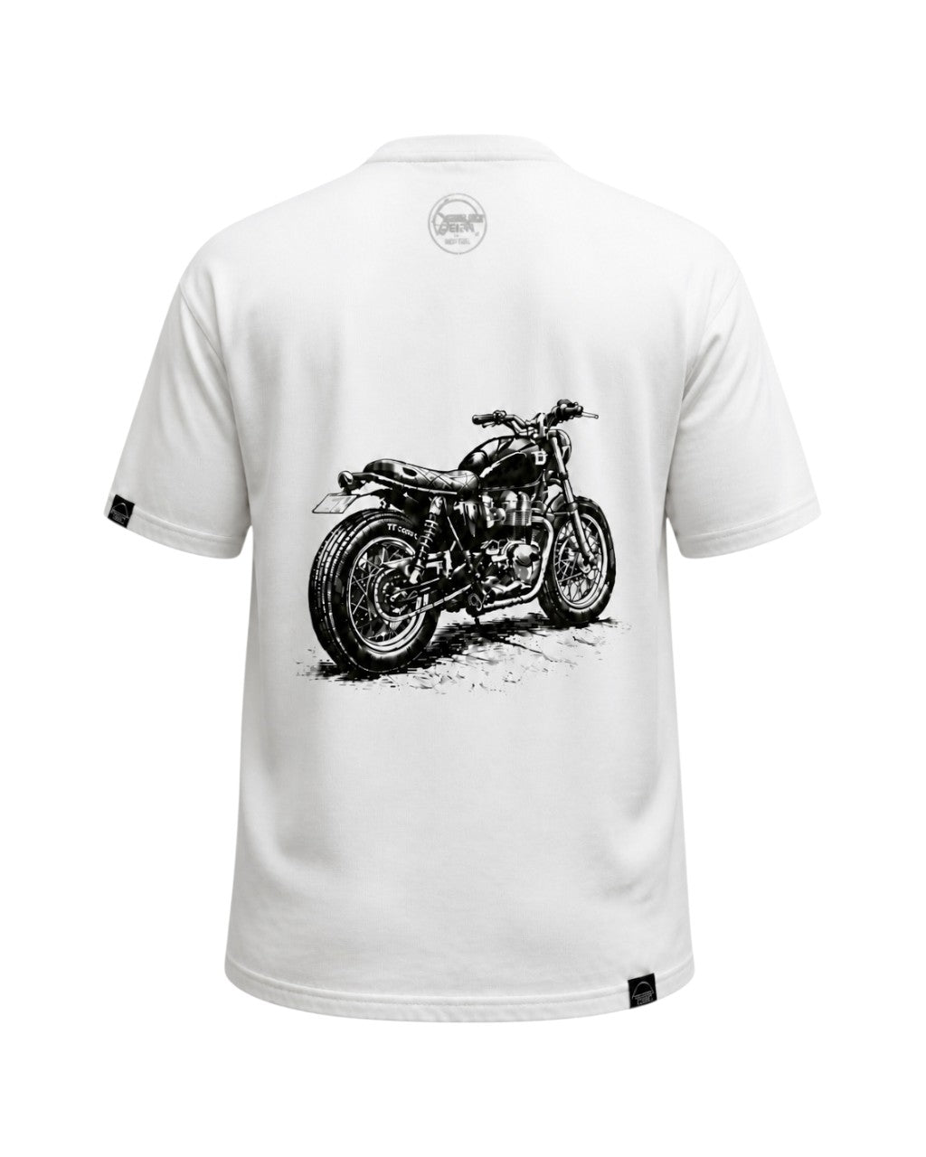Dusk Ride Premium T-Shirt in Weiß aus 100% Baumwolle mit schwarzem Motorrad-Backprint Bonnie
