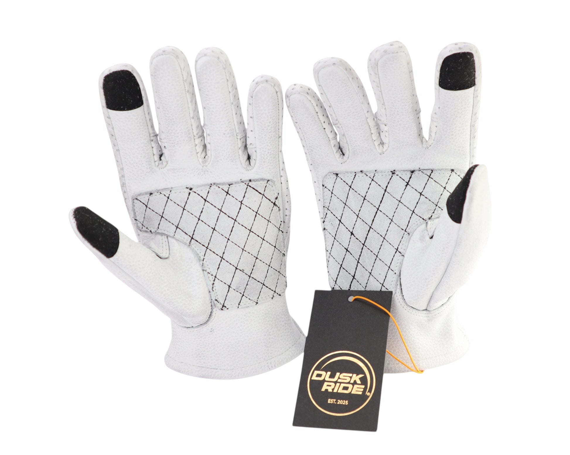 Dusk Ride Premium Motorradhandschuhe aus weißem Rindsleder mit gestepptem Design und Touchscreen-Fingerspitzen