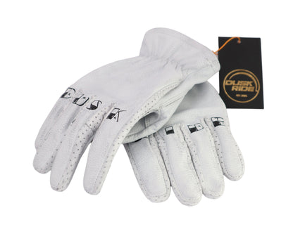 Dusk Ride weiße Premium Leder Motorradhandschuhe mit Perforierung und schwarzem Logo-Aufdruck