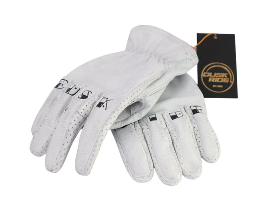 Dusk Ride weiße Premium Leder Motorradhandschuhe mit Perforierung und schwarzem Logo-Aufdruck