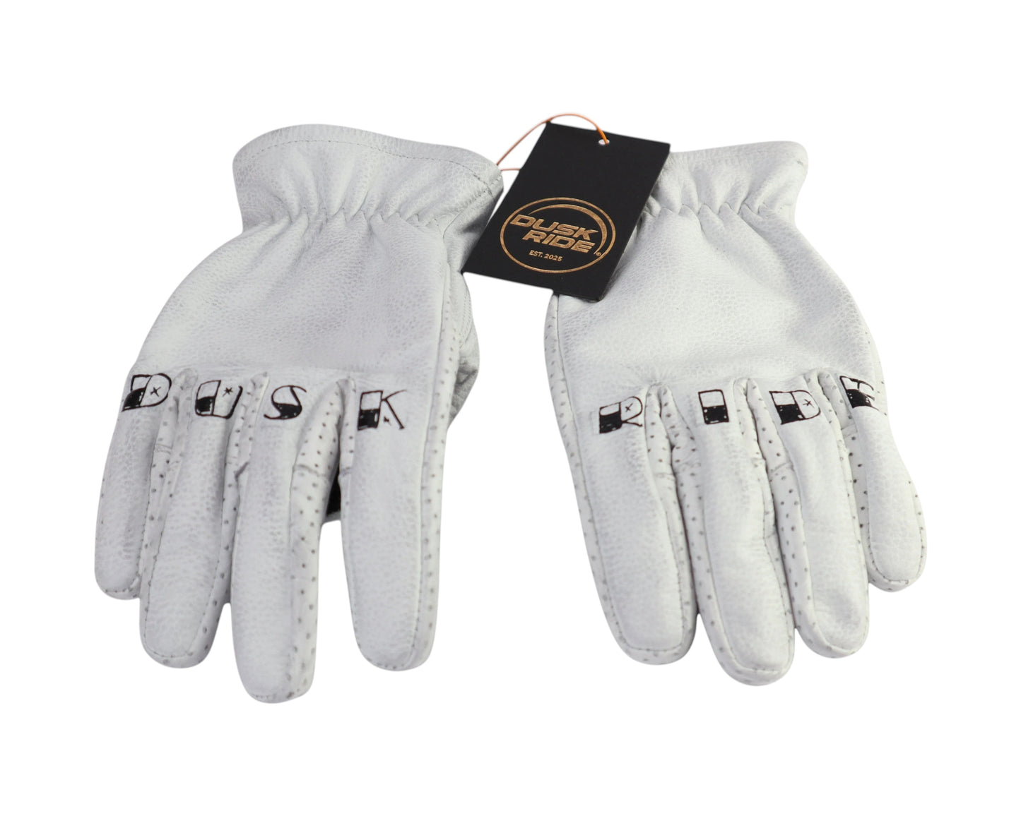 Dusk Ride weiße Premium Leder Motorradhandschuhe aus Rindsleder mit perforierten Details und Fingerprint Design
