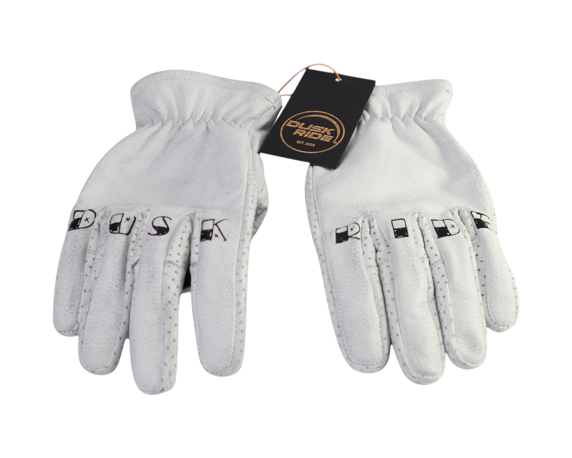 Dusk Ride weiße Premium Leder Motorradhandschuhe aus Rindsleder mit perforierten Details und Fingerprint Design