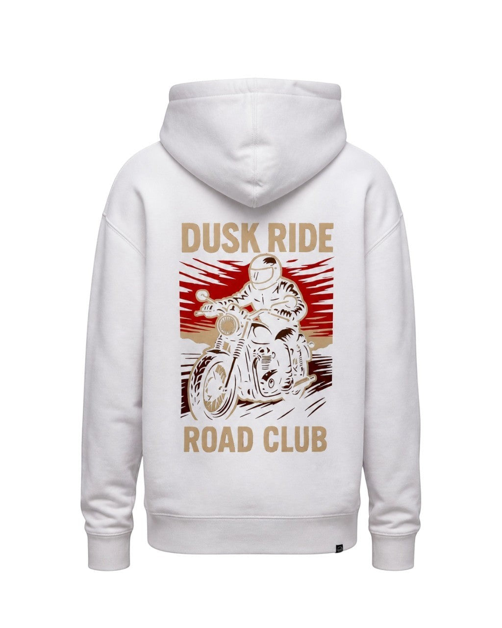 Dusk Ride Premium Hoodie in Weiß mit Ghost Rider Motorrad-Grafikprint auf dem Rücken