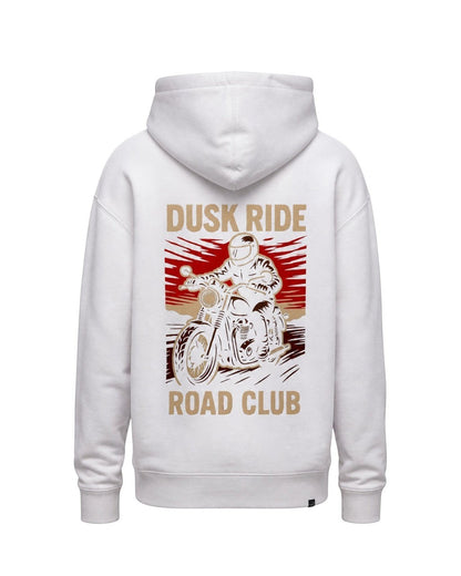 Dusk Ride Premium Hoodie in Weiß mit Ghost Rider Motorrad-Grafikprint auf dem Rücken