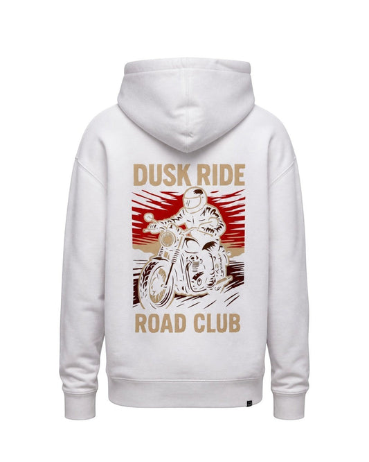Dusk Ride Premium Hoodie in Weiß mit Ghost Rider Motorrad-Grafikprint auf dem Rücken