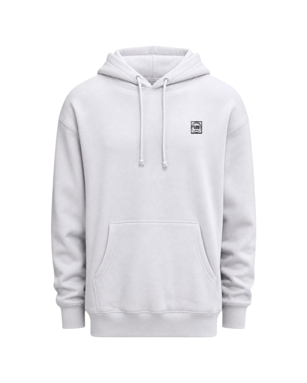 Dusk Ride Heavy Premium Hoodie in Weiß mit kleinem Brustlogo und Kängurutasche aus Baumwollmix